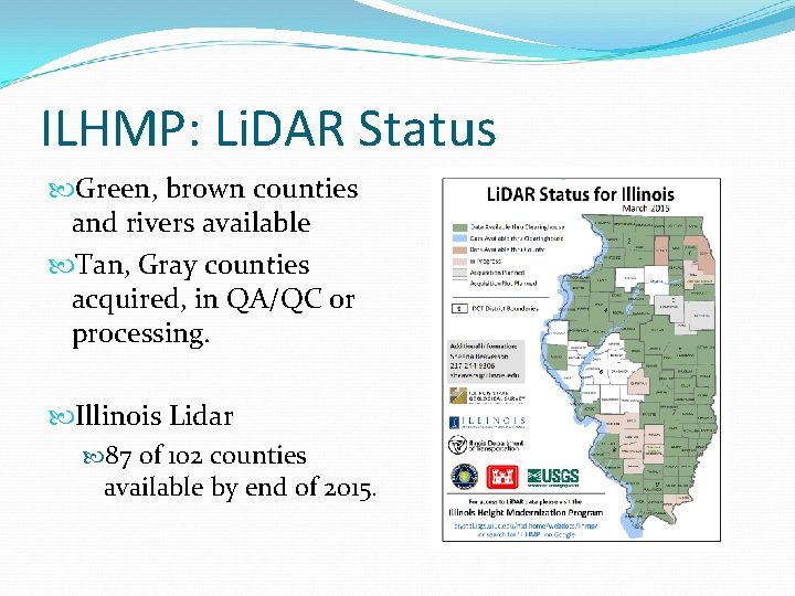 ILHMP: Li. DAR Status Green, brown counties and rivers available Tan, Gray counties acquired,