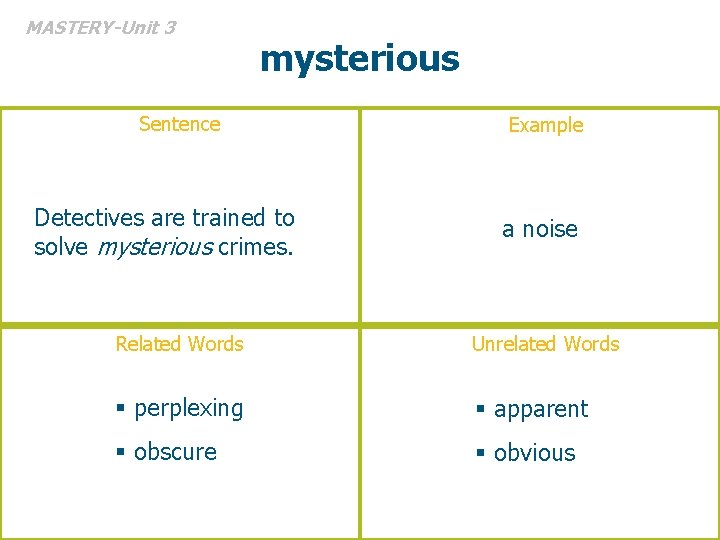 MASTERY-Unit 3 mysterious Sentence Detectives are trained to solve mysterious crimes. Example a noise