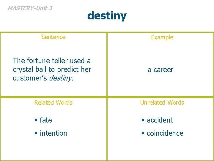 MASTERY-Unit 3 destiny Sentence Example The fortune teller used a crystal ball to predict