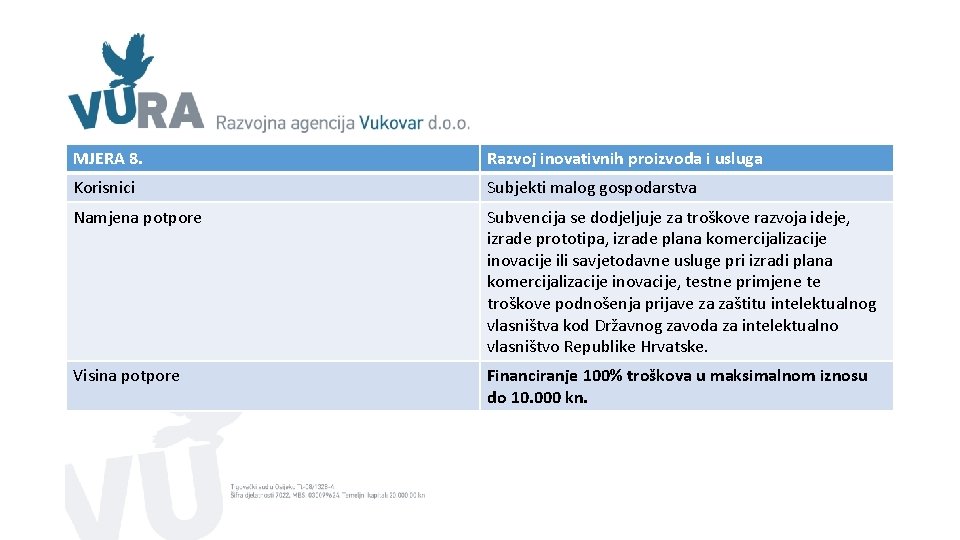 MJERA 8. Razvoj inovativnih proizvoda i usluga Korisnici Subjekti malog gospodarstva Namjena potpore Subvencija