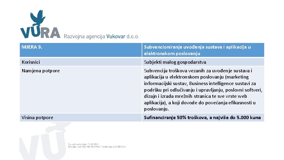 MJERA 9. Subvencioniranje uvođenja sustava i aplikacija u elektronskom poslovanju Korisnici Subjekti malog gospodarstva