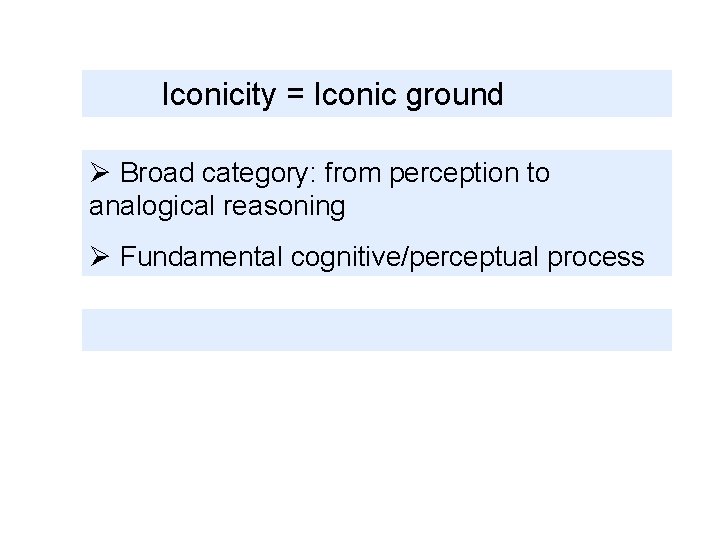 Iconicity = Iconic ground Ø Broad category: from perception to analogical reasoning Ø Fundamental