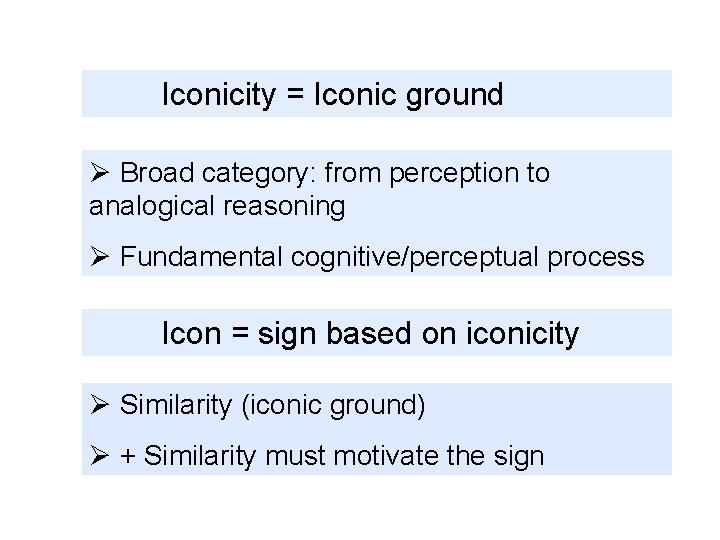 Iconicity = Iconic ground Ø Broad category: from perception to analogical reasoning Ø Fundamental