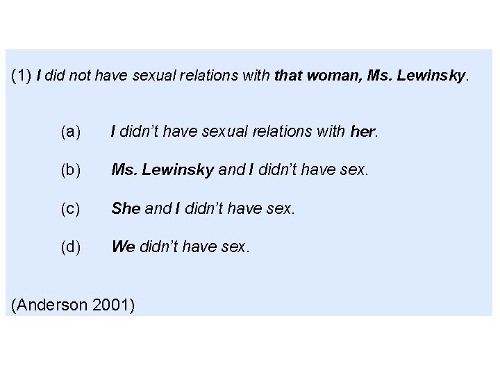 (1) I did not have sexual relations with that woman, Ms. Lewinsky. (a) I