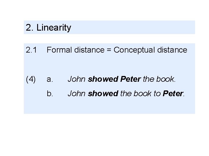 2. Linearity 2. 1 Formal distance = Conceptual distance (4) a. John showed Peter