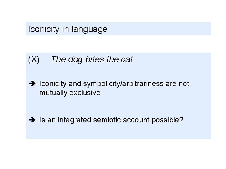 Iconicity in language (X) The dog bites the cat Iconicity and symbolicity/arbitrariness are not