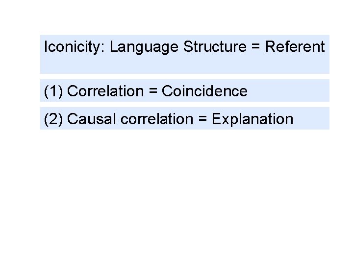 Iconicity: Language Structure = Referent (1) Correlation = Coincidence (2) Causal correlation = Explanation