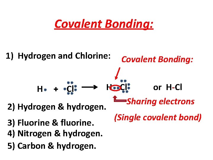 Covalent Bonding: 1) Hydrogen and Chlorine: Covalent Bonding: H Cl or H-Cl Sharing electrons