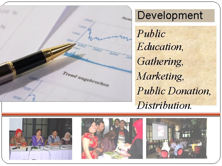 Development Public Education, Gathering, Marketing, Public Donation, Distribution. 