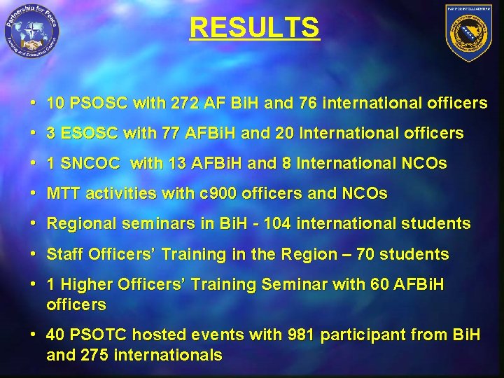 RESULTS • 10 PSOSC with 272 AF Bi. H and 76 international officers • RESULTS • 10 PSOSC with 272 AF Bi. H and 76 international officers •