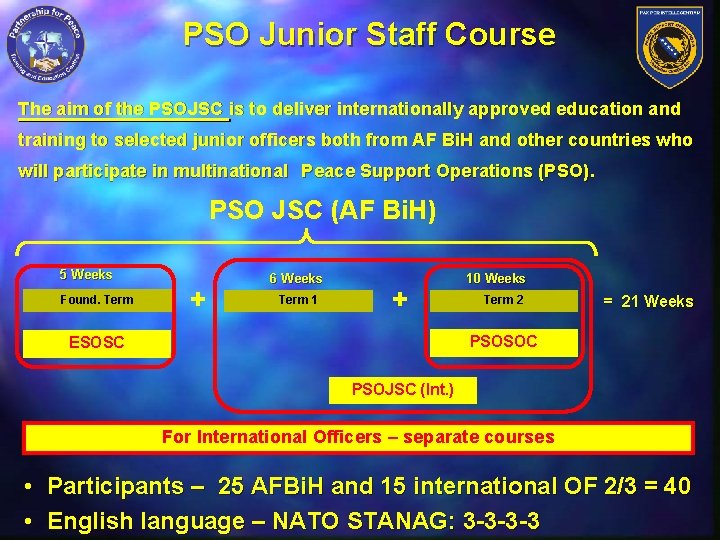 PSO Junior Staff Course The aim of the PSOJSC is to deliver internationally approved PSO Junior Staff Course The aim of the PSOJSC is to deliver internationally approved