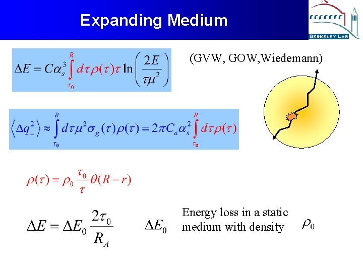 Expanding Medium (GVW, GOW, Wiedemann) Energy loss in a static medium with density 