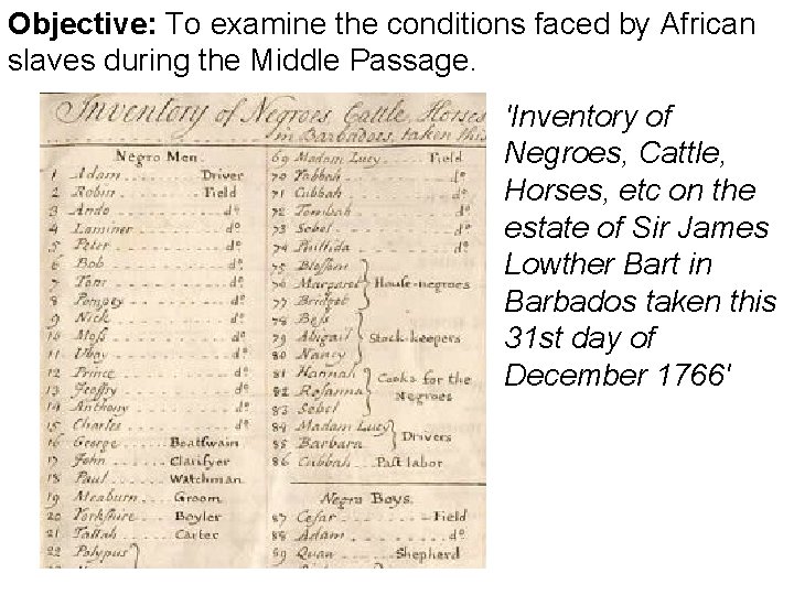 Objective: To examine the conditions faced by African slaves during the Middle Passage. 'Inventory