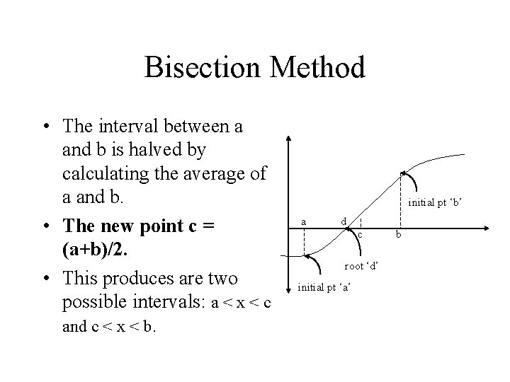 Bisection Method • The interval between a and b is halved by calculating the