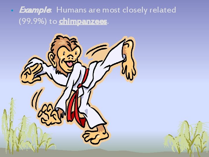 • Example: Humans are most closely related (99. 9%) to chimpanzees. • Example: Humans are most closely related (99. 9%) to chimpanzees.