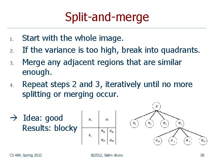 Split-and-merge 1. 2. 3. 4. Start with the whole image. If the variance is