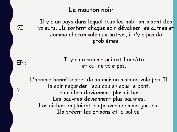 Le mouton noir SI : EP : P: Il y a un pays dans