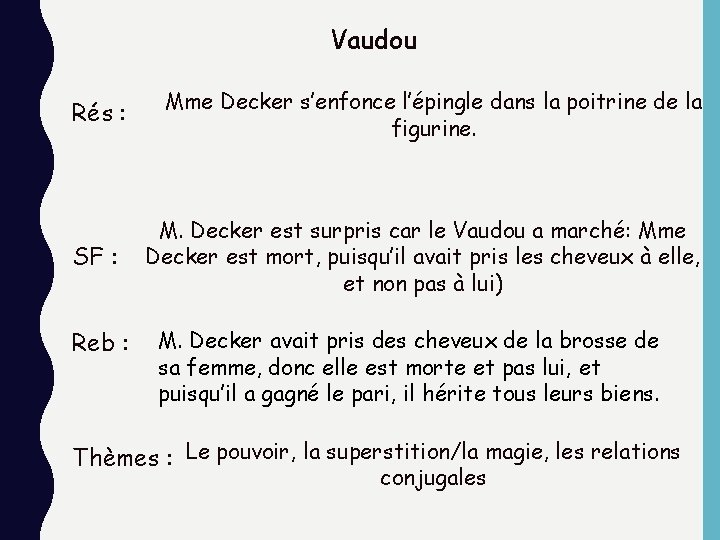 Vaudou Rés : SF : Reb : Mme Decker s’enfonce l’épingle dans la poitrine