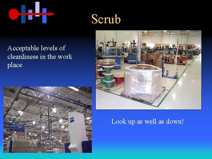 Scrub Acceptable levels of cleanliness in the work place Look up as well as