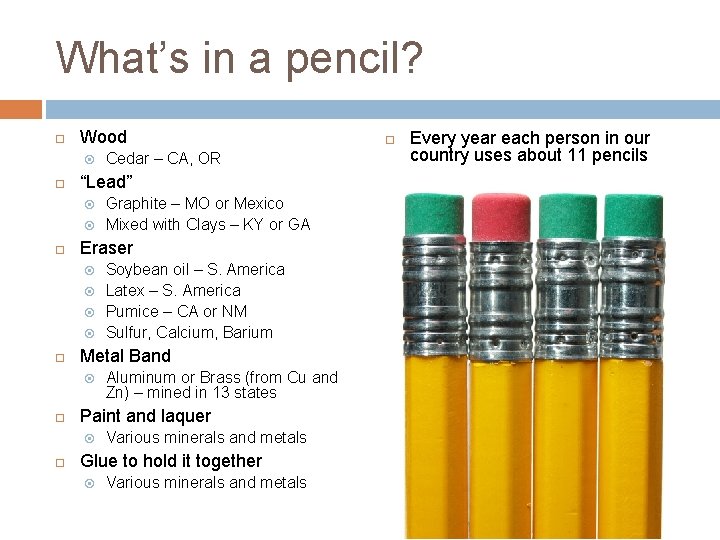 What’s in a pencil? Wood “Lead” Aluminum or Brass (from Cu and Zn) – What’s in a pencil? Wood “Lead” Aluminum or Brass (from Cu and Zn) –