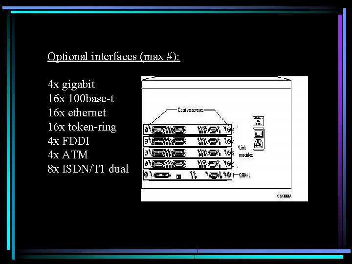 Optional interfaces (max #): 4 x gigabit 16 x 100 base-t 16 x ethernet