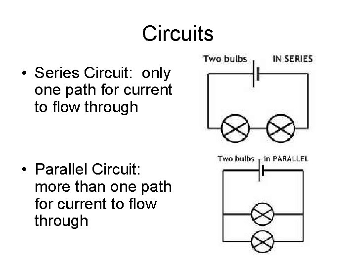 Circuits • Series Circuit: only one path for current to flow through • Parallel