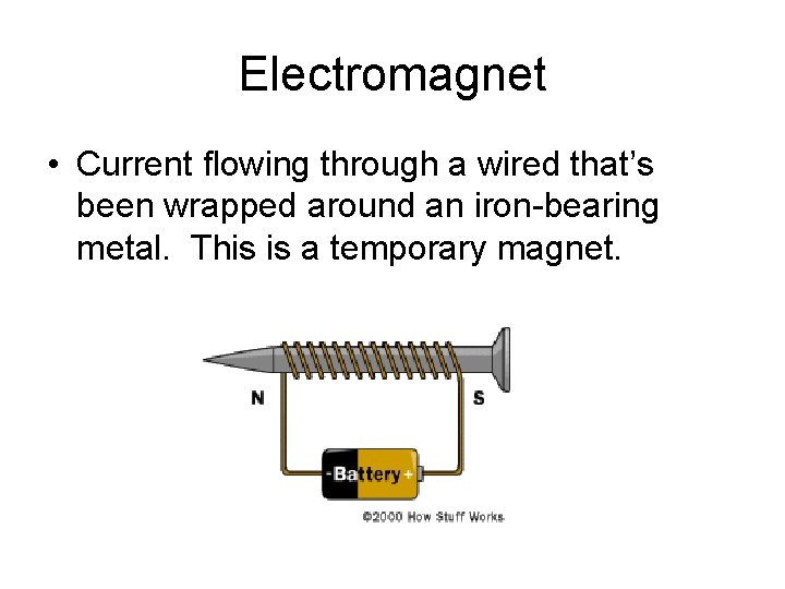 Electromagnet • Current flowing through a wired that’s been wrapped around an iron-bearing metal.