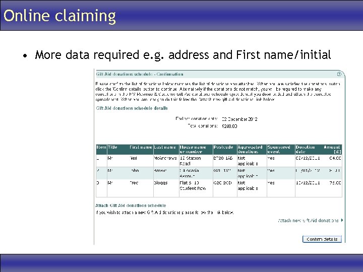 Online claiming • More data required e. g. address and First name/initial 