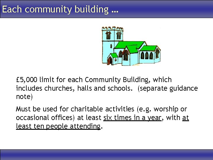 Each community building … £ 5, 000 limit for each Community Building, which includes