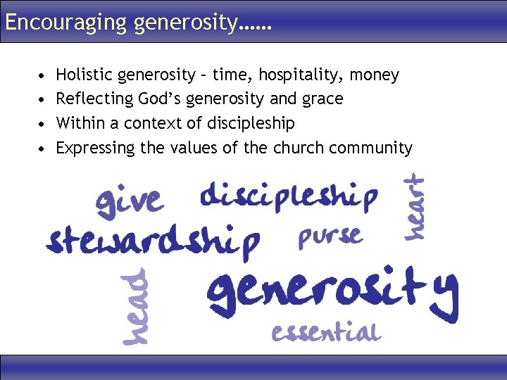 Encouraging generosity…… • • Holistic generosity – time, hospitality, money Reflecting God’s generosity and