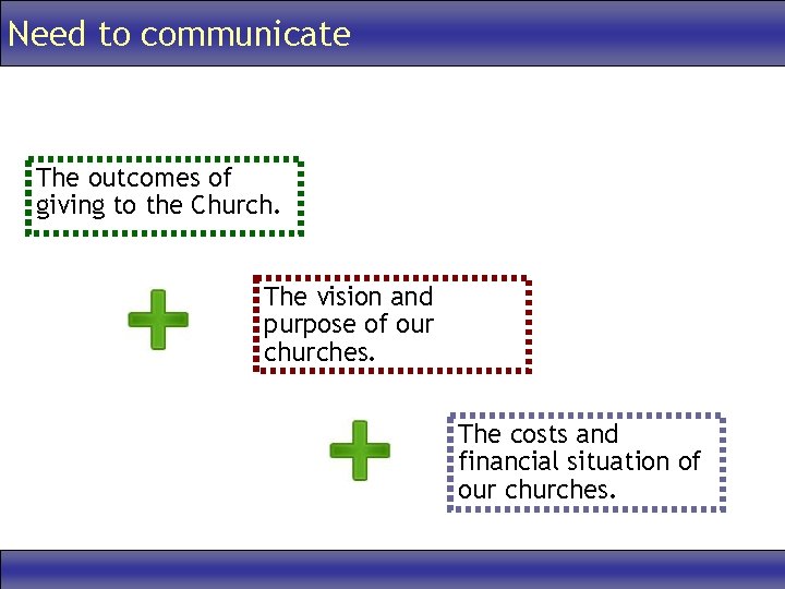 Need to communicate The outcomes of giving to the Church. The vision and purpose