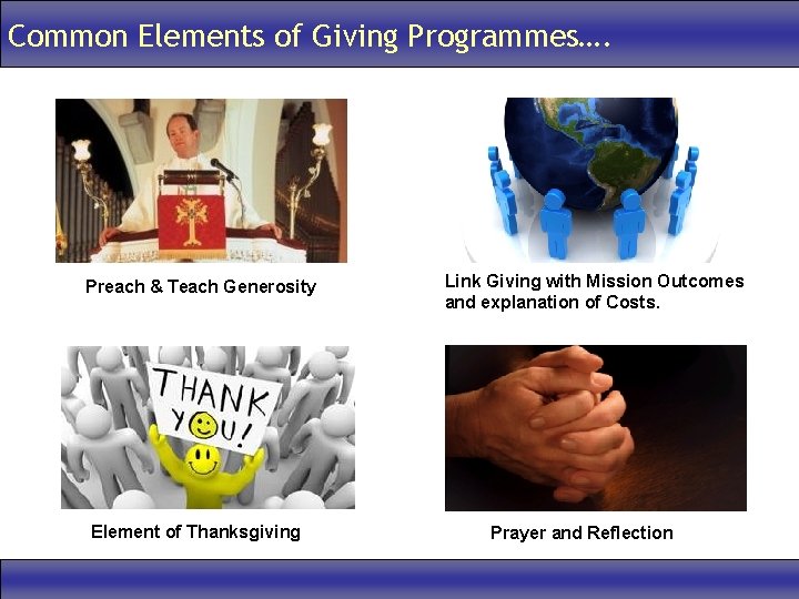 Common Elements of Giving Programmes…. Preach & Teach Generosity Element of Thanksgiving Link Giving