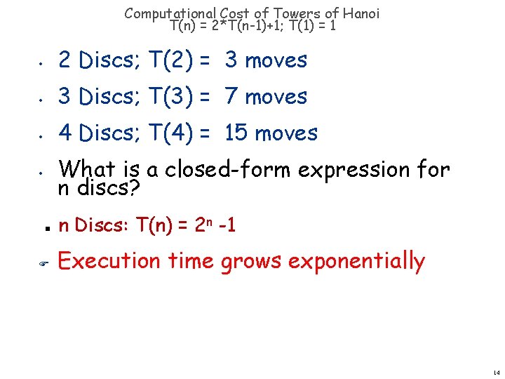 Computational Cost of Towers of Hanoi T(n) = 2*T(n-1)+1; T(1) = 1 • 2