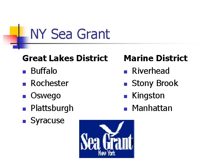 NY Sea Grant Great Lakes District n Buffalo n Rochester n Oswego n Plattsburgh