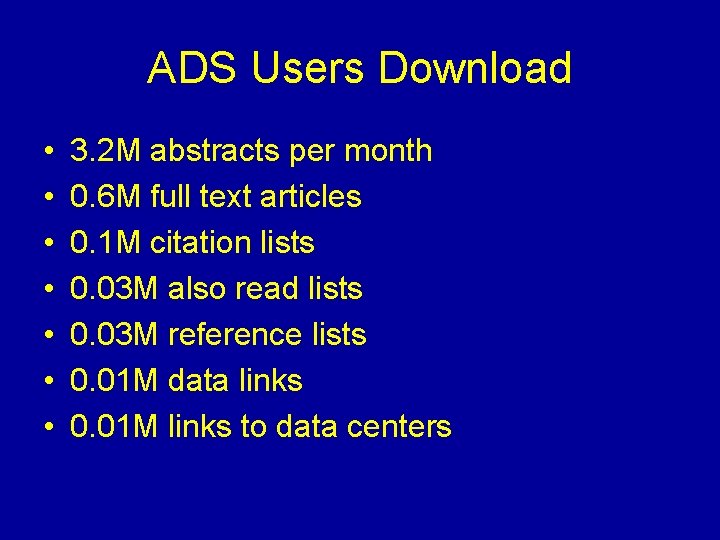ADS Users Download • • 3. 2 M abstracts per month 0. 6 M