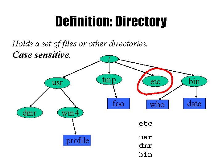 Definition: Directory Holds a set of files or other directories. Case sensitive. tmp usr
