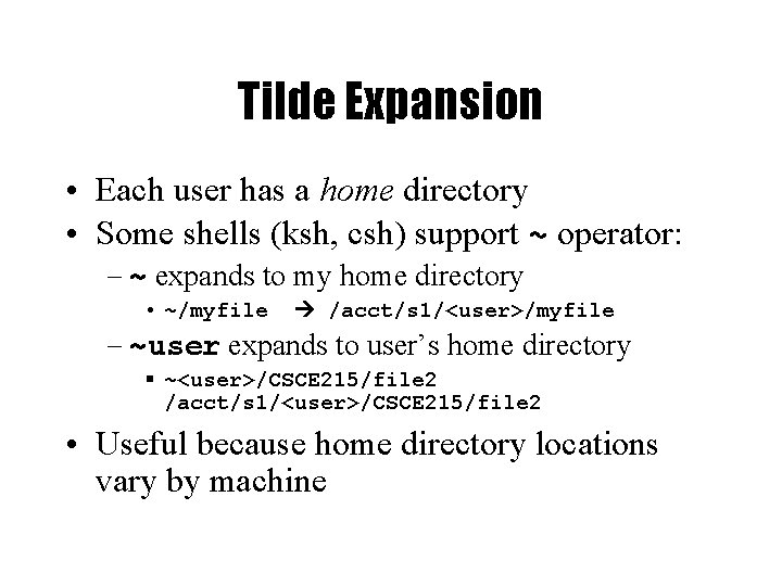 Tilde Expansion • Each user has a home directory • Some shells (ksh, csh)