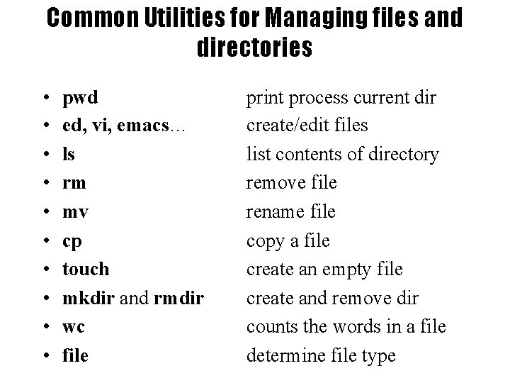 Common Utilities for Managing files and directories • • • pwd ed, vi, emacs…