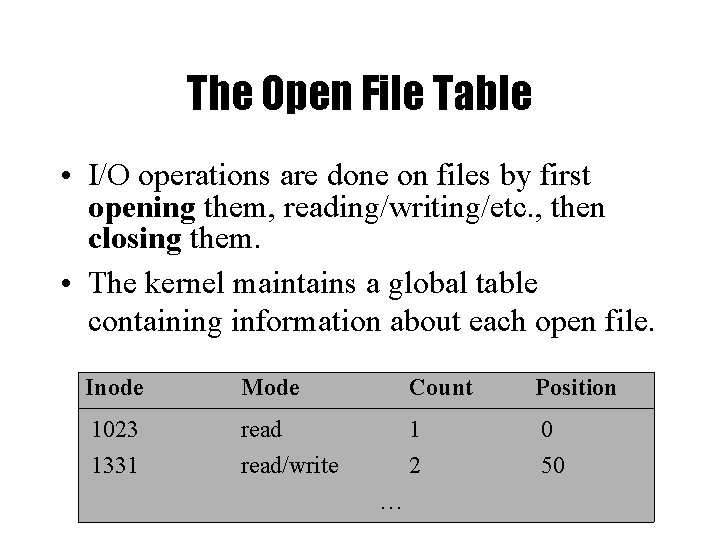 The Open File Table • I/O operations are done on files by first opening