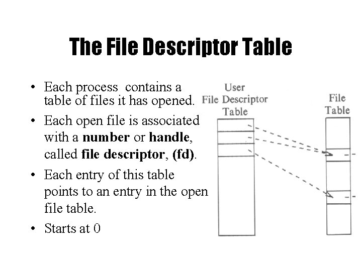 The File Descriptor Table • Each process contains a table of files it has