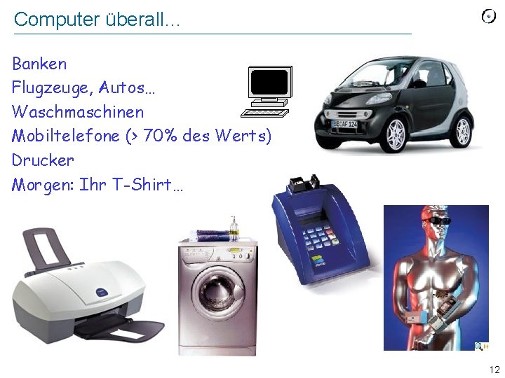 Computer überall… Banken Flugzeuge, Autos… Waschmaschinen Mobiltelefone (> 70% des Werts) Drucker Morgen: Ihr