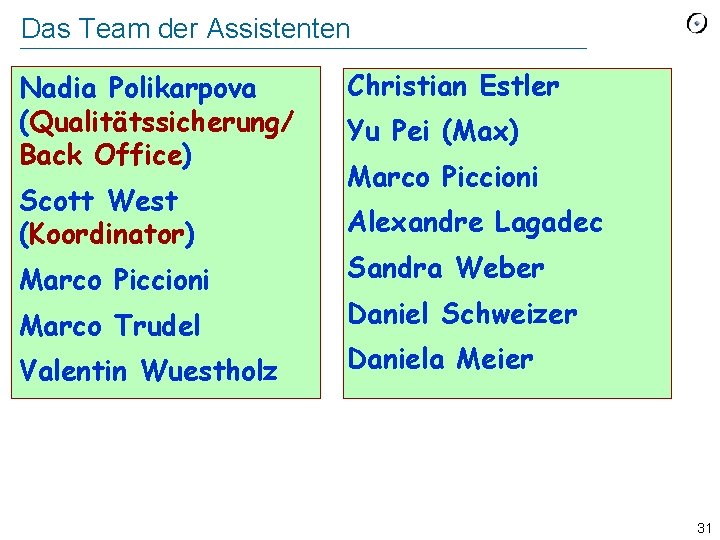 Das Team der Assistenten Nadia Polikarpova (Qualitätssicherung/ Back Office) Scott West (Koordinator) Marco Piccioni