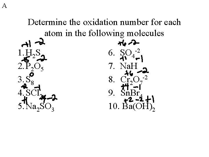 A Determine the oxidation number for each atom in the following molecules 1. H
