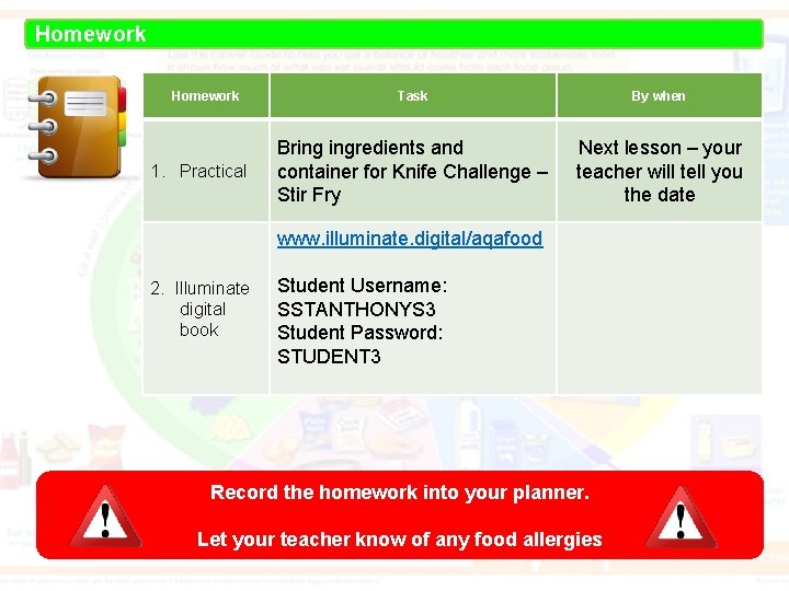 Homework 1. Practical Task By when Bring ingredients and container for Knife Challenge –