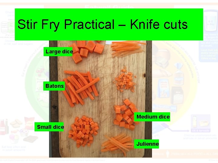 Stir Fry Practical – Knife cuts Large dice Batons Medium dice Small dice Julienne