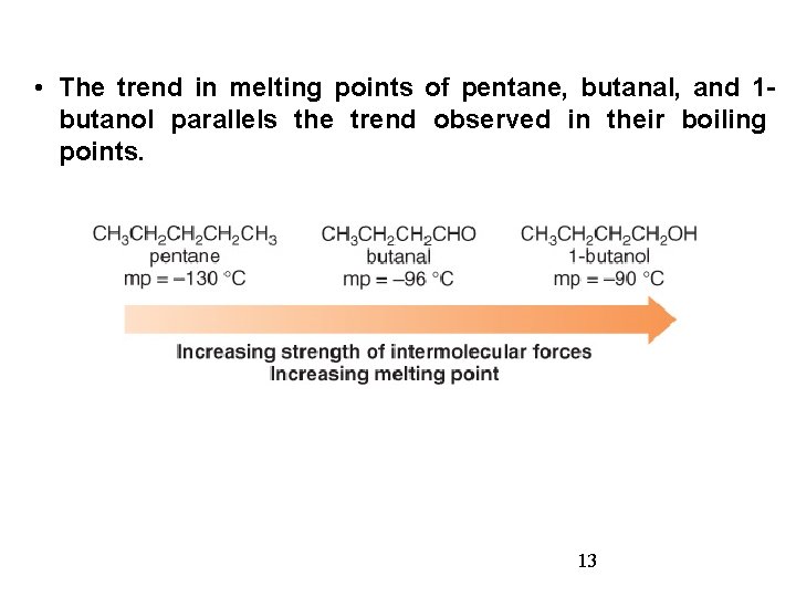  • The trend in melting points of pentane, butanal, and 1 butanol parallels