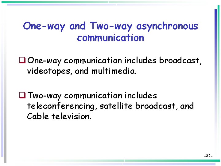 One-way and Two-way asynchronous communication q One-way communication includes broadcast, videotapes, and multimedia. q