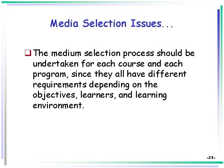 Media Selection Issues. . . q The medium selection process should be undertaken for