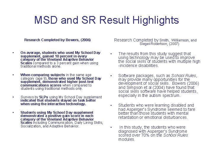 MSD and SR Result Highlights Research Completed by Smith, Williamson, and Research Completed by