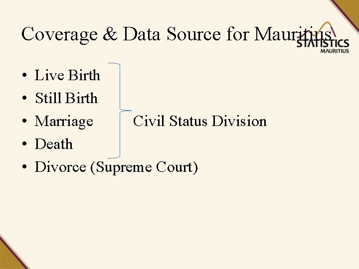 Coverage & Data Source for Mauritius • • • Live Birth Still Birth Marriage